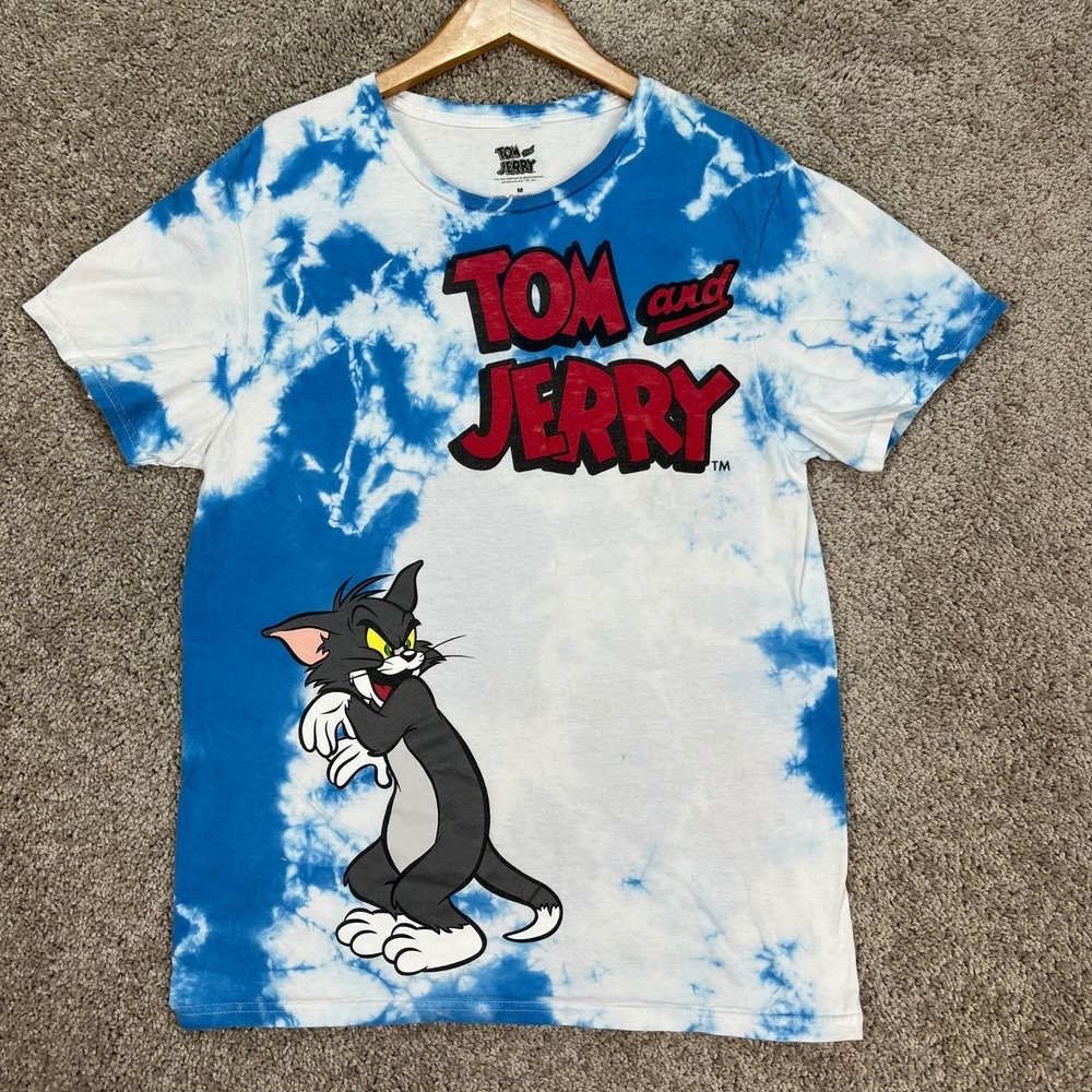 Tom and Jerry T-Shirt Mens Medium Blue White Short Sleeve Tie-Dye Graphic EUC